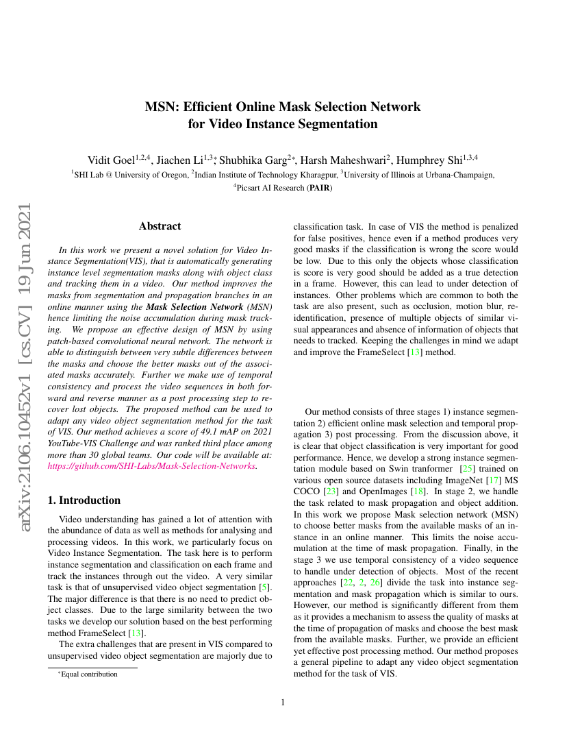 MSN:用于视频实例分割的高效在线掩码选择网络