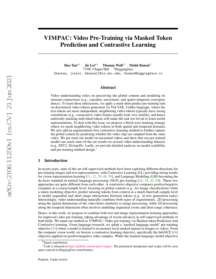 VIMPAC:通过掩码Token预测与对比学习进行视频预训练