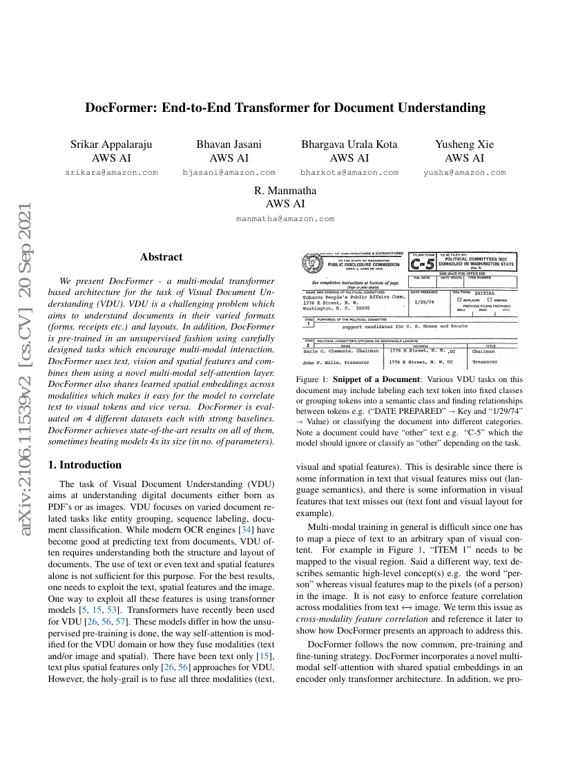 DocFormer:面向文档理解的端到端Transformer