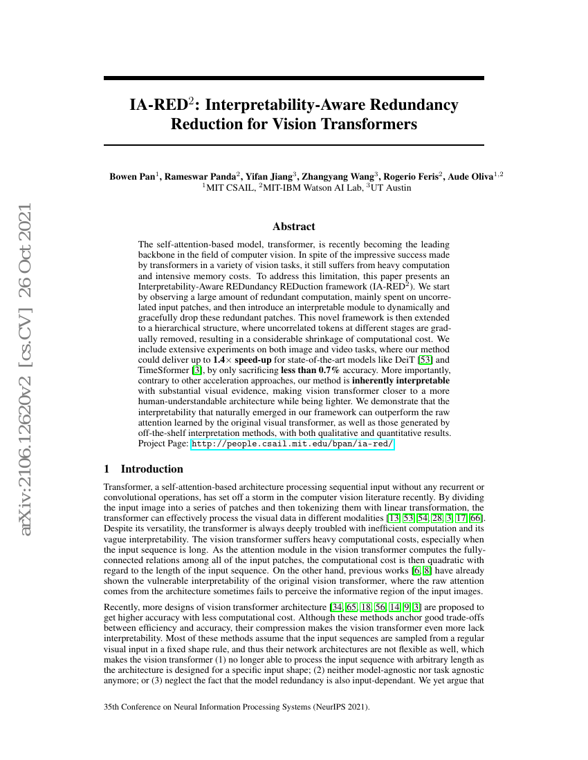 IA-RED$^2$: 面向可解释性的视觉Transformer冗余减少方法