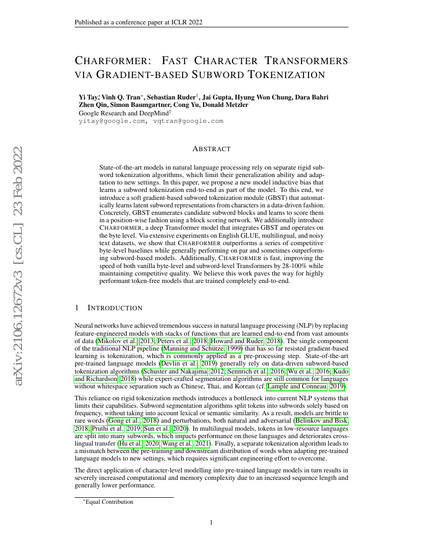 Charformer:通过基于梯度的子词分词实现快速字符级Transformer