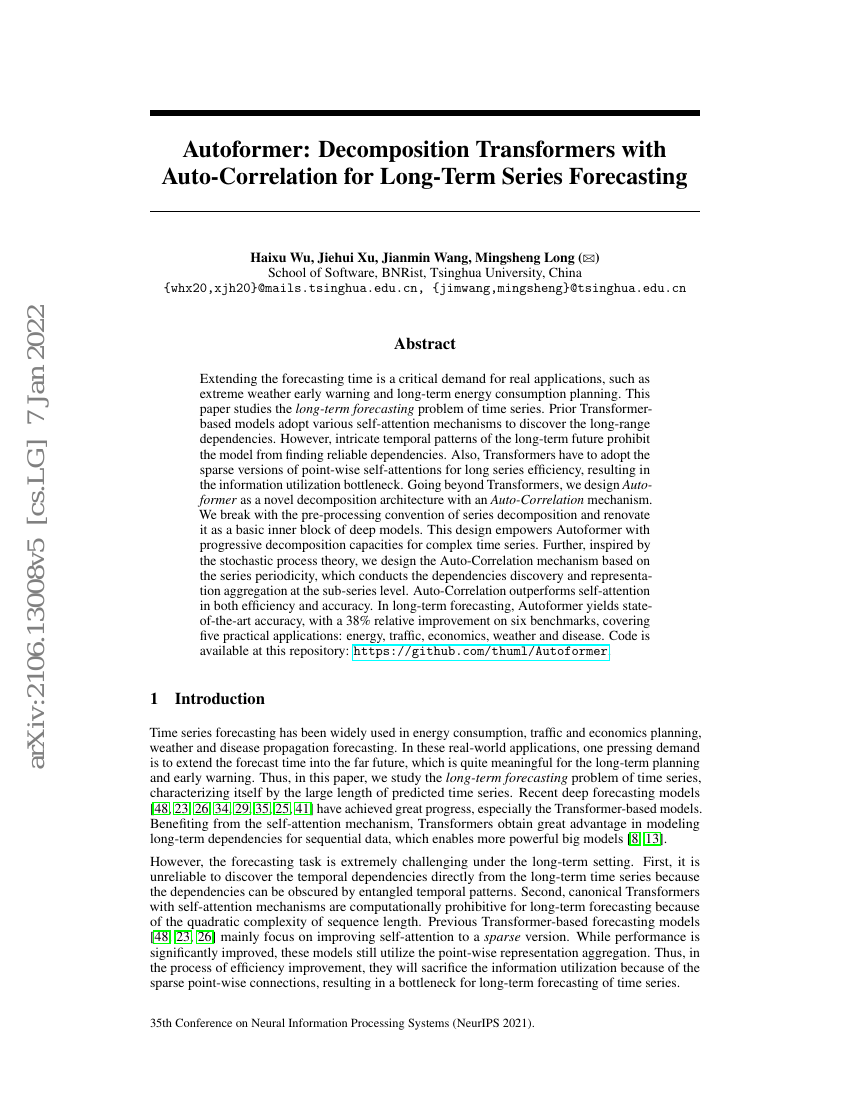 Autoformer:用于长期序列预测的自相关分解Transformer