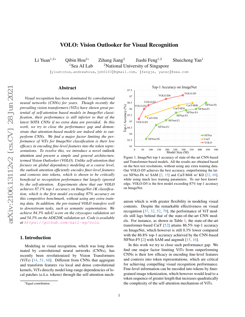 VOLO：面向视觉识别的视觉展望器