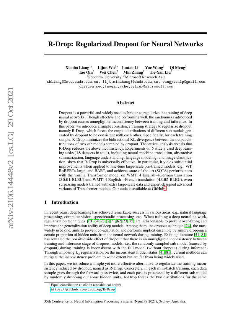 R-Drop：用于神经网络的正则化丢弃