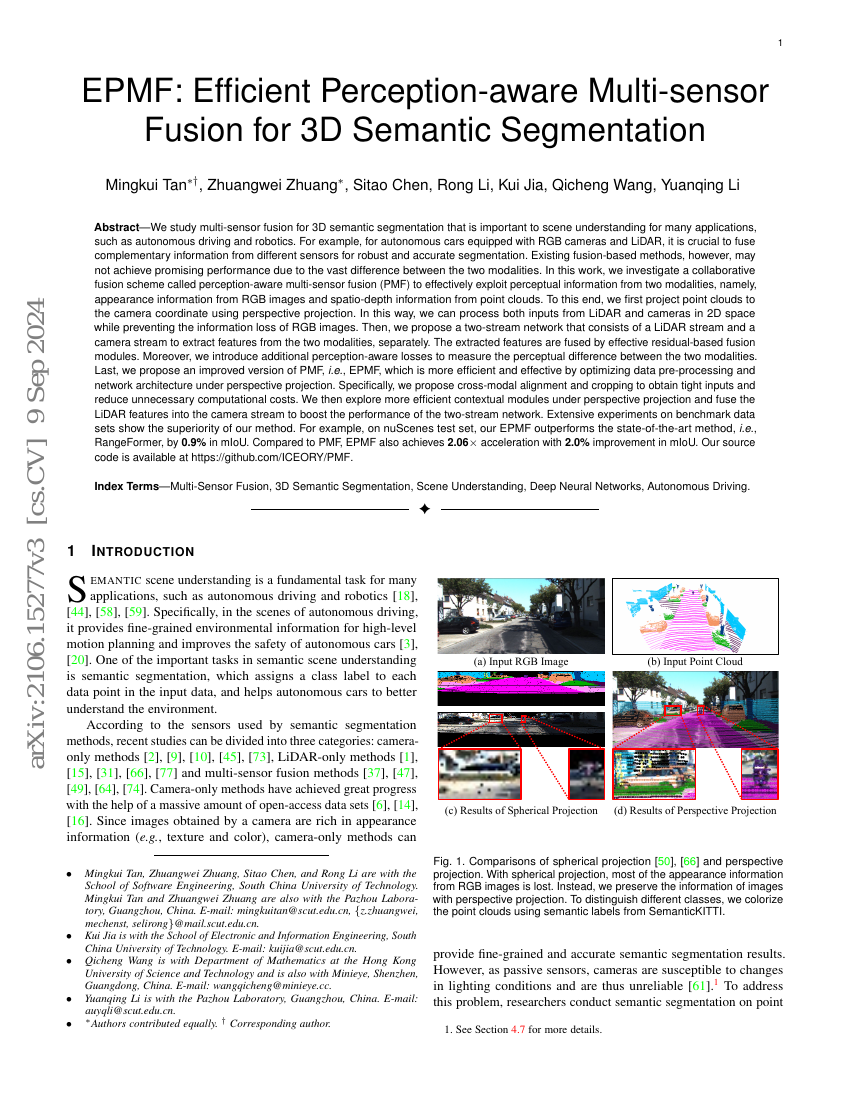 EPMF:面向3D语义分割的高效感知感知多传感器融合