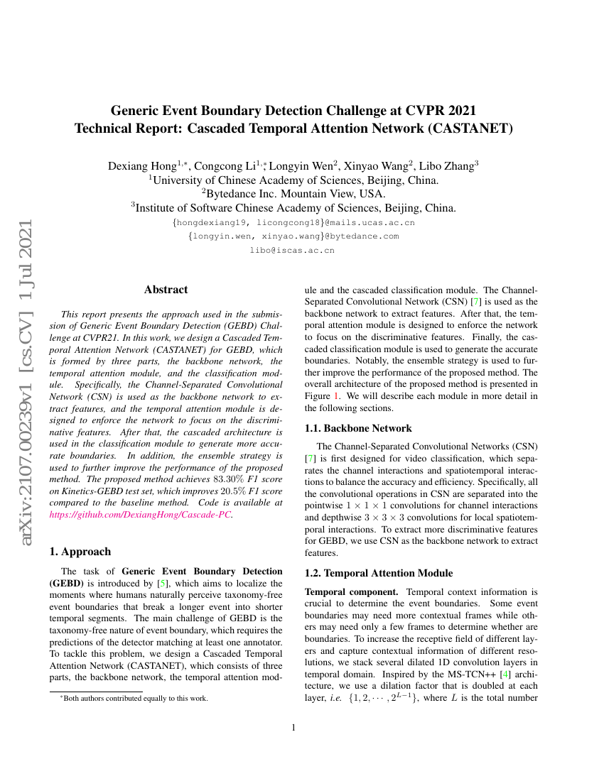 CVPR 2021 泛事件边界检测挑战技术报告:级联时间注意力网络(CASTANET)