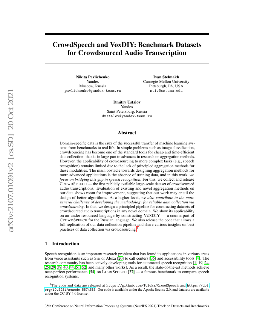 CrowdSpeech 和 VoxDIY:众包音频转录的基准数据集