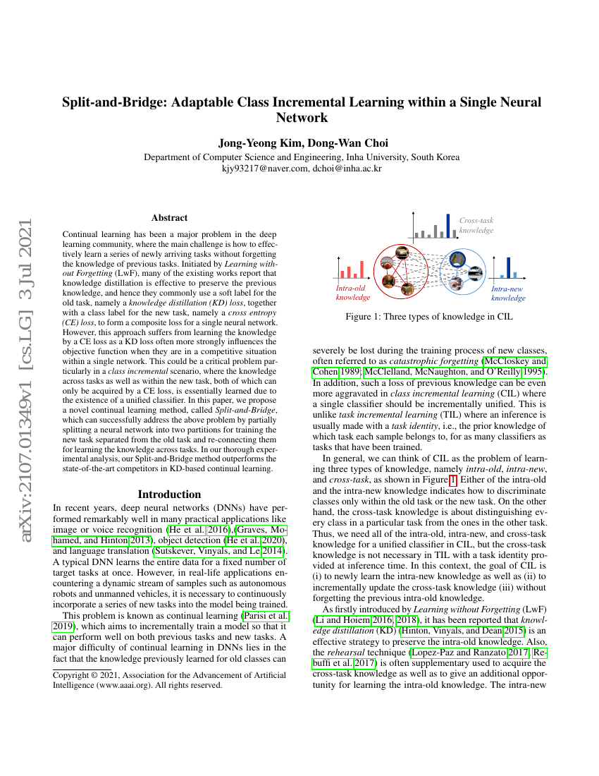 Split-and-Bridge:单个神经网络中的可适应类增量学习