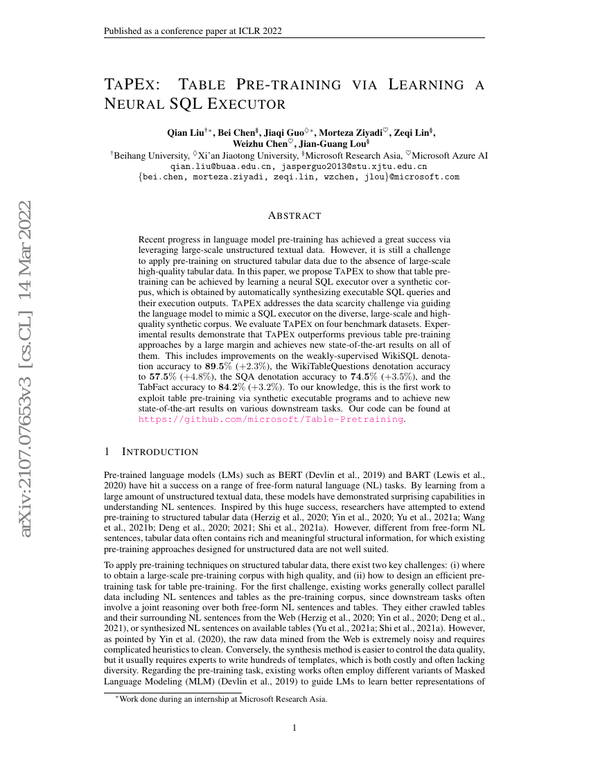 TAPEX:通过学习神经SQL执行器进行表格预训练