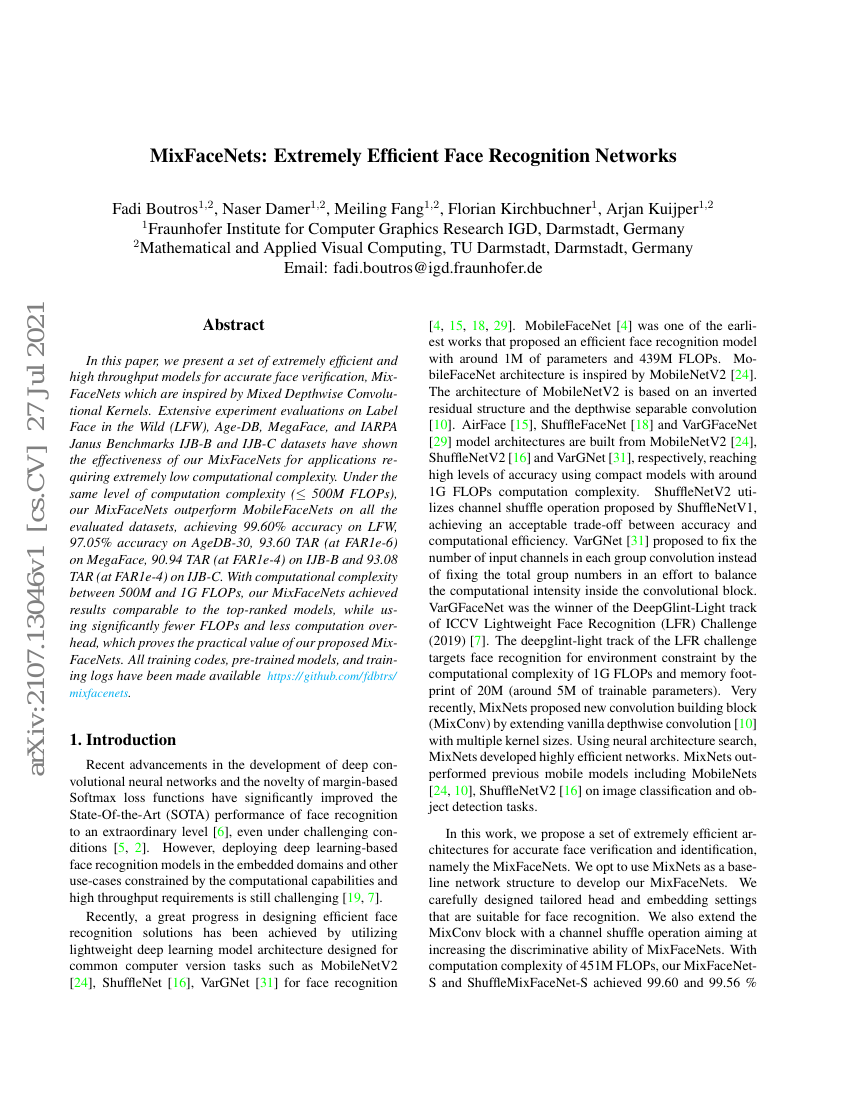 MixFaceNets:极其高效的面部识别网络