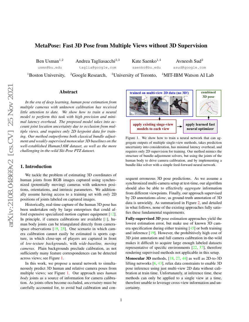 MetaPose:无需三维监督的多视角快速三维姿态估计