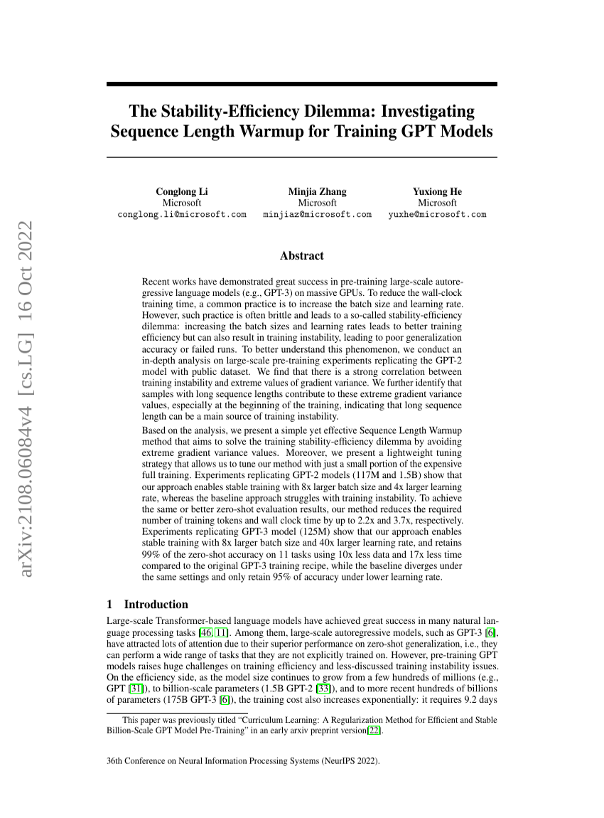 The Stability-Efficiency Dilemma: Investigating Sequence Length Warmup for Training GPT Models