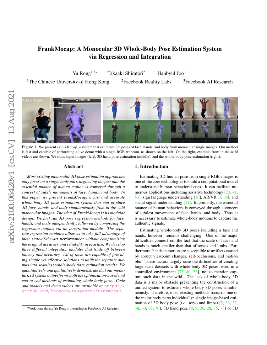 FrankMocap:一种基于回归与融合的单目3D全身姿态估计系统