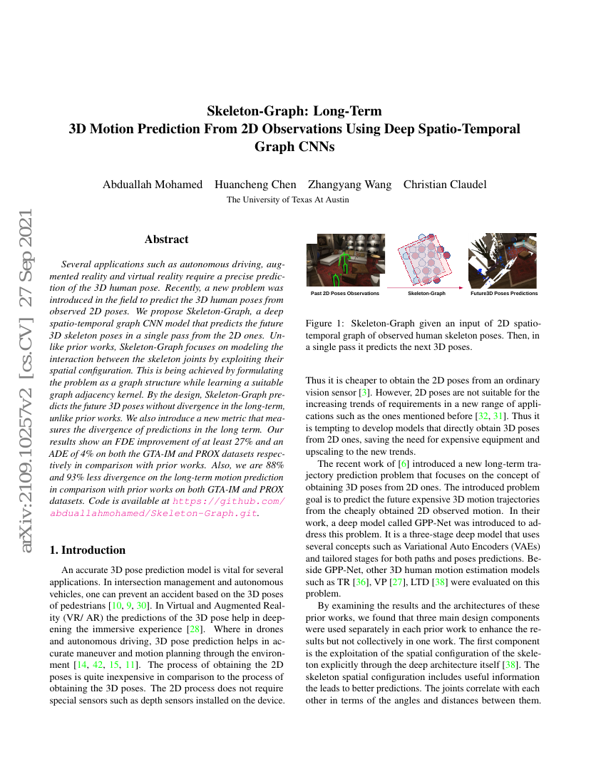 Skeleton-Graph:基于深度时空图CNN从2D观测中进行长期3D运动预测