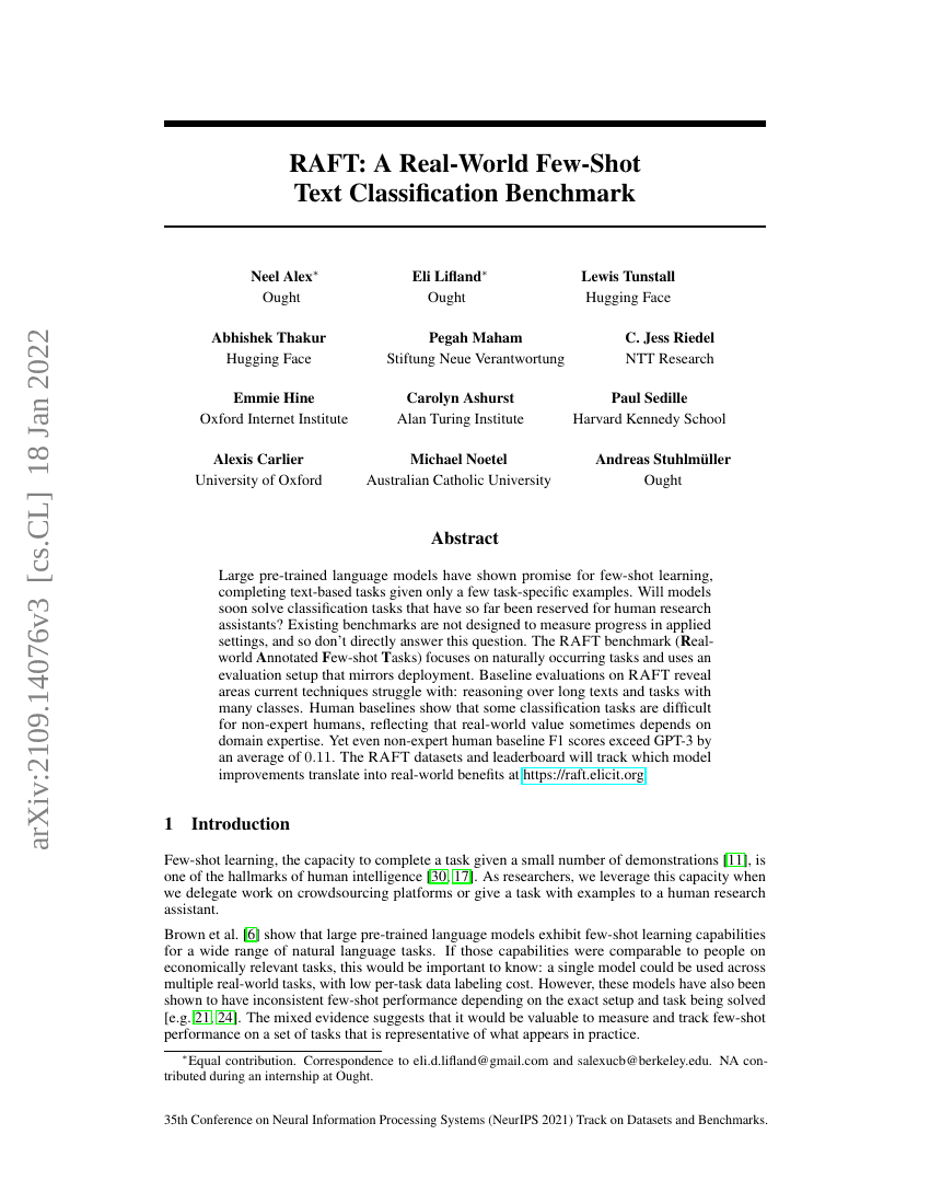 RAFT:一个真实世界少样本文本分类基准