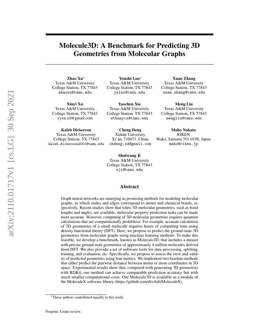 Molecule3D:从分子图预测三维几何结构的基准测试集