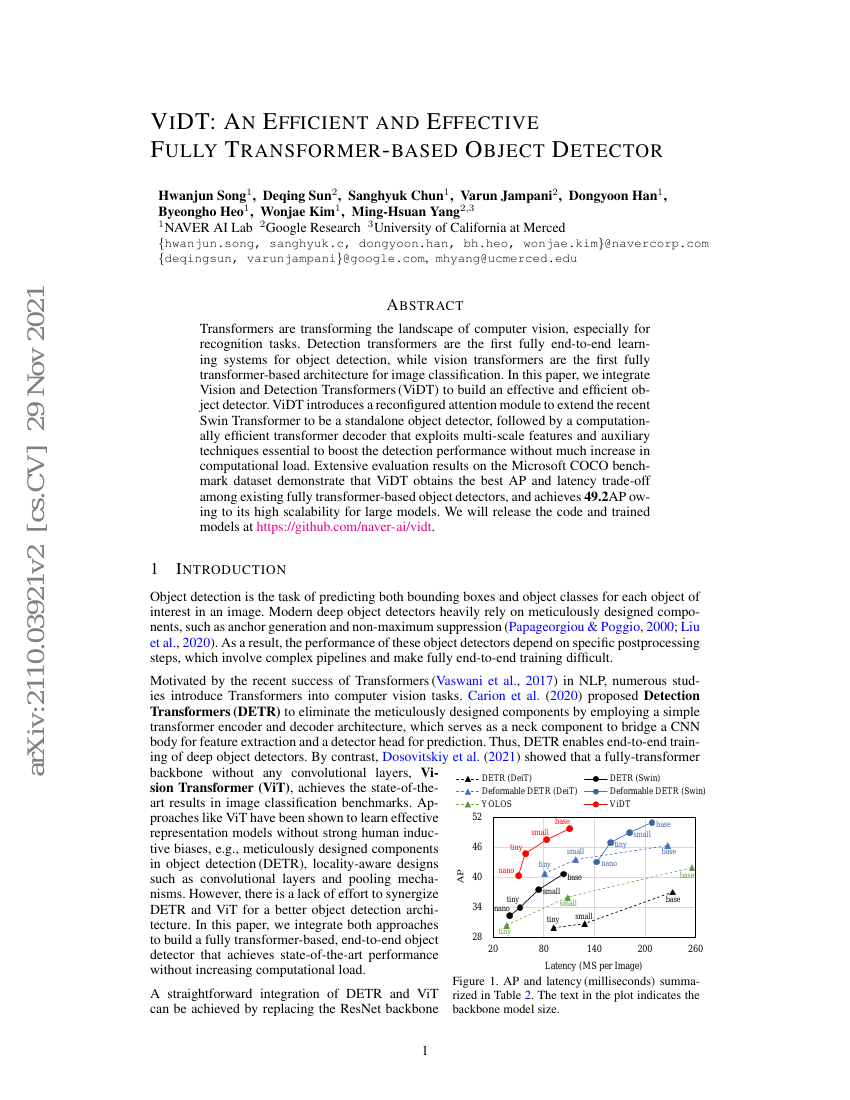 ViDT:一种高效且有效的全Transformer架构目标检测器