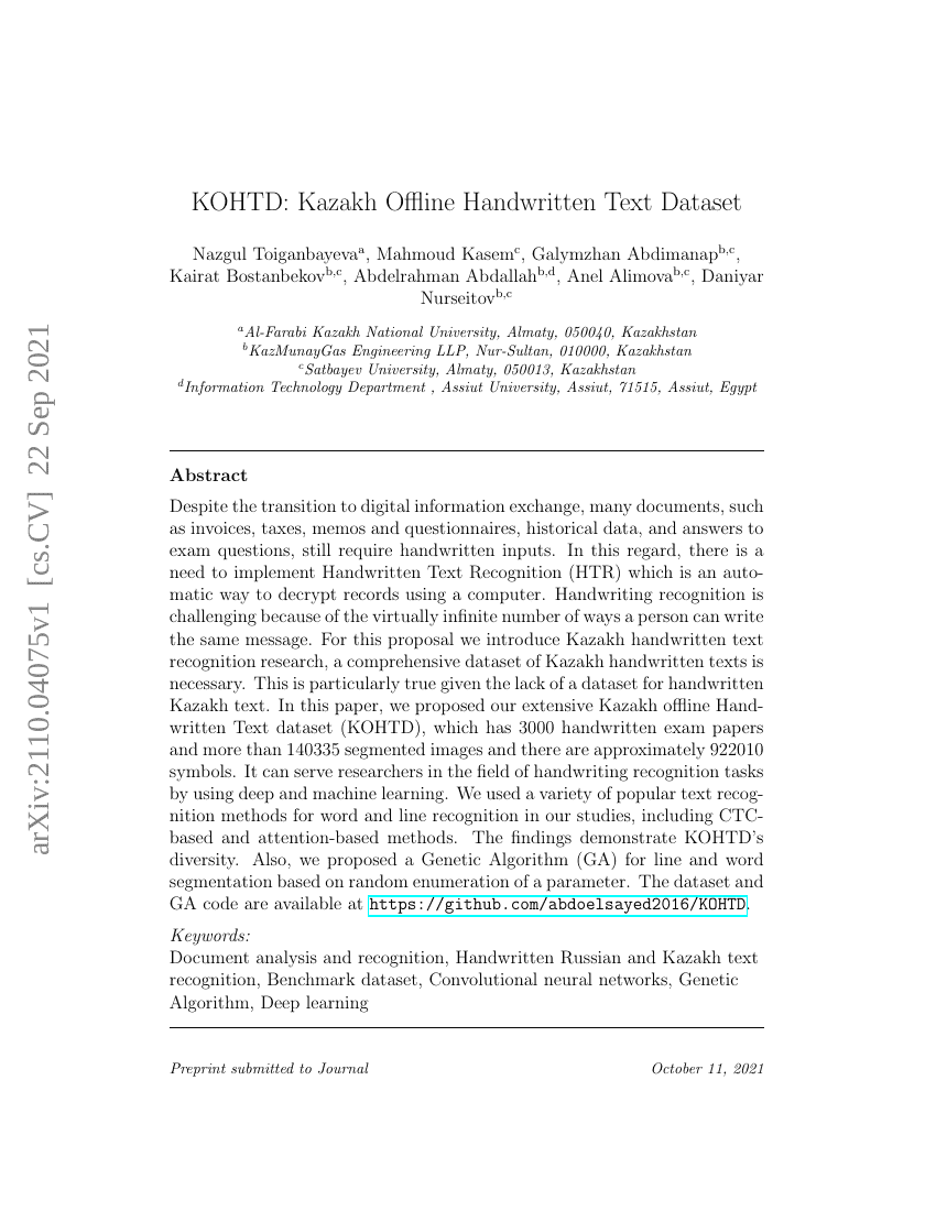 KOHTD:哈萨克语离线手写文本数据集
