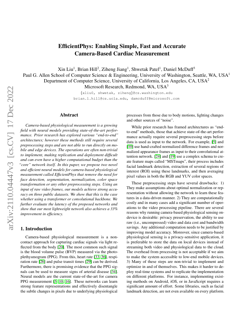 EfficientPhys:实现简单、快速且准确的基于摄像头的生命体征测量
