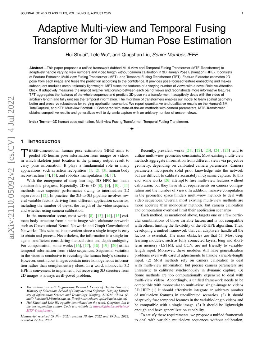 自适应多视角与时序融合Transformer用于3D人体姿态估计