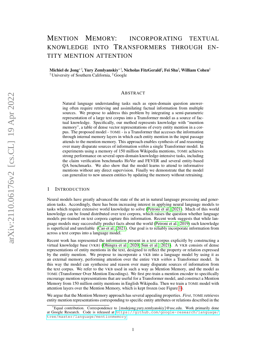 提及记忆:通过实体提及注意力将文本知识融入Transformer
