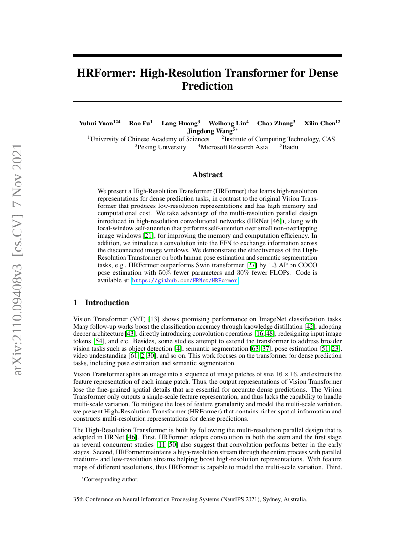 HRFormer:用于密集预测的高分辨率Transformer