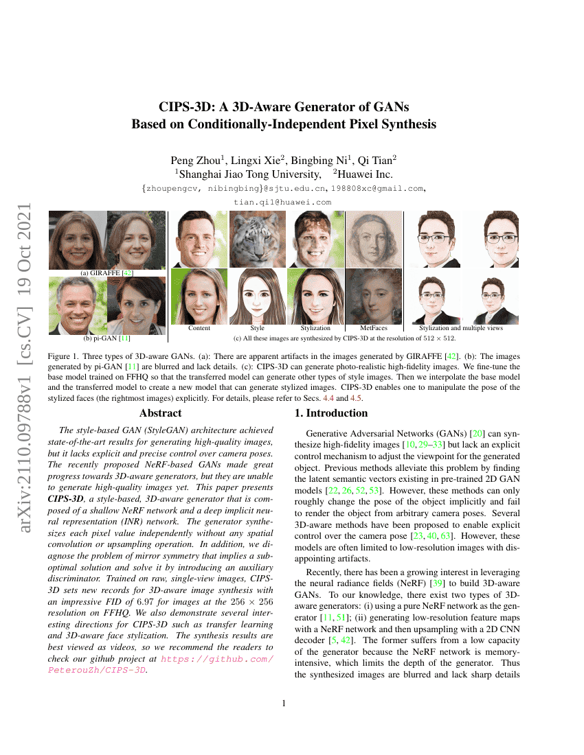 CIPS-3D:基于条件独立像素合成的3D感知生成对抗网络生成器