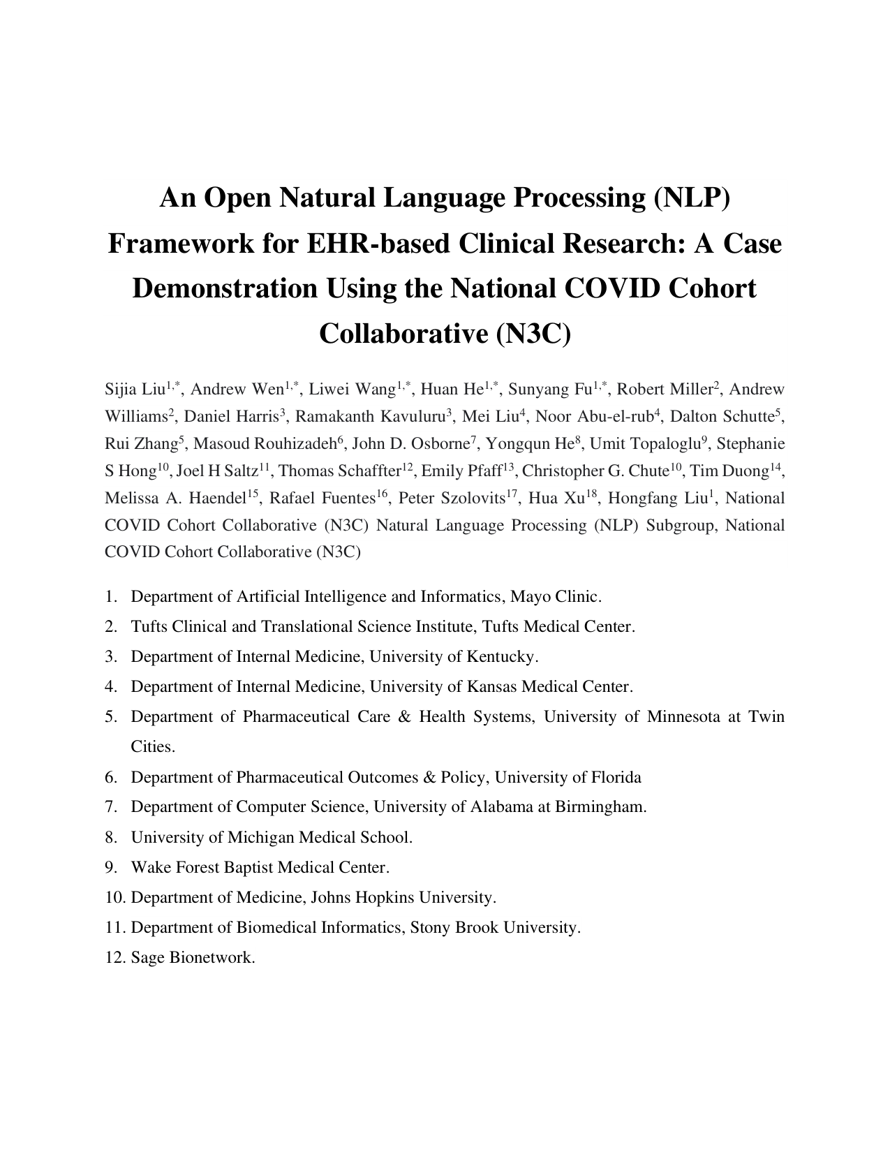 電子健康記録(EHR)に基づく臨床研究のためのオープンな自然言語処理(NLP)フレームワーク:国立COVIDコホートコラボラティブ(N3C)を用いたケースデモンストレーション