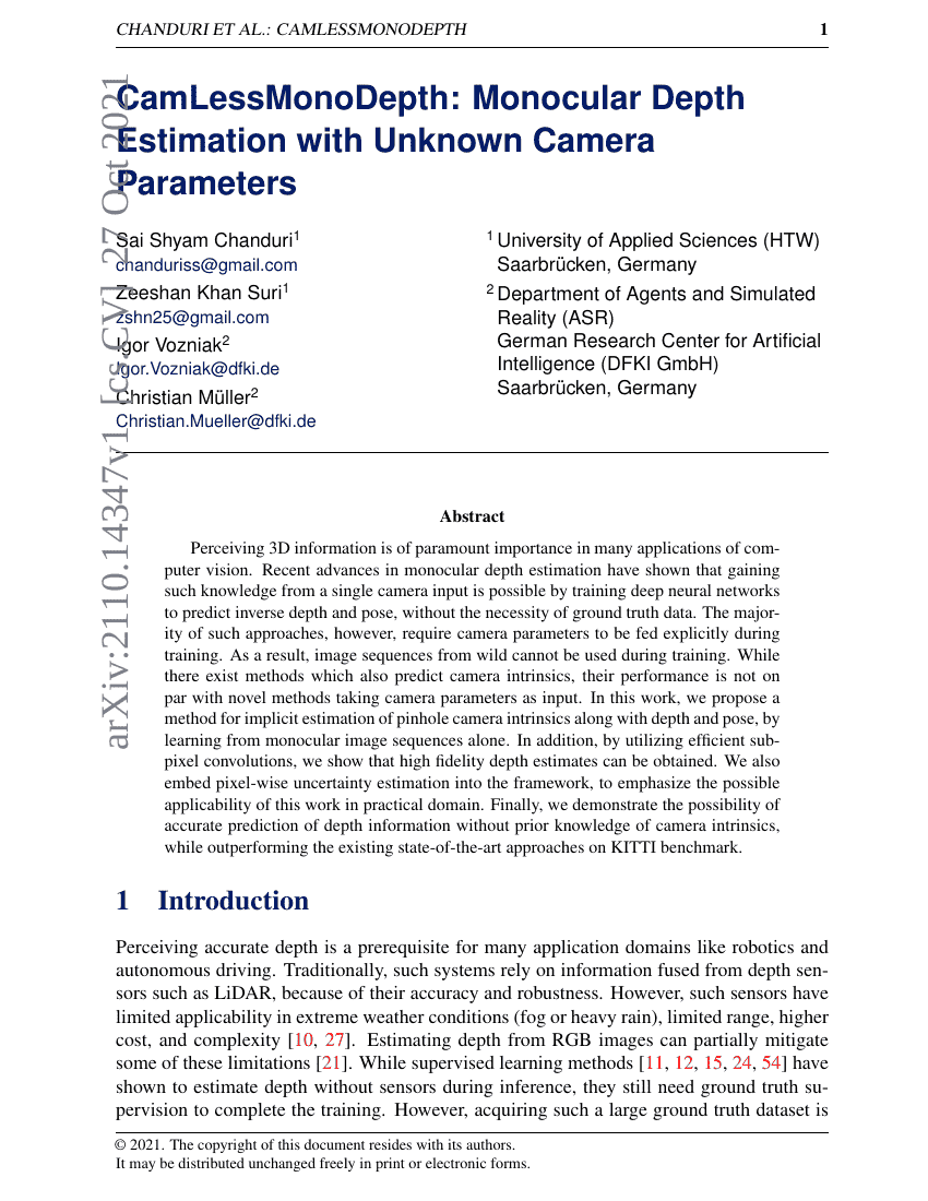 CamLessMonoDepth:基于未知相机参数的单目深度估计