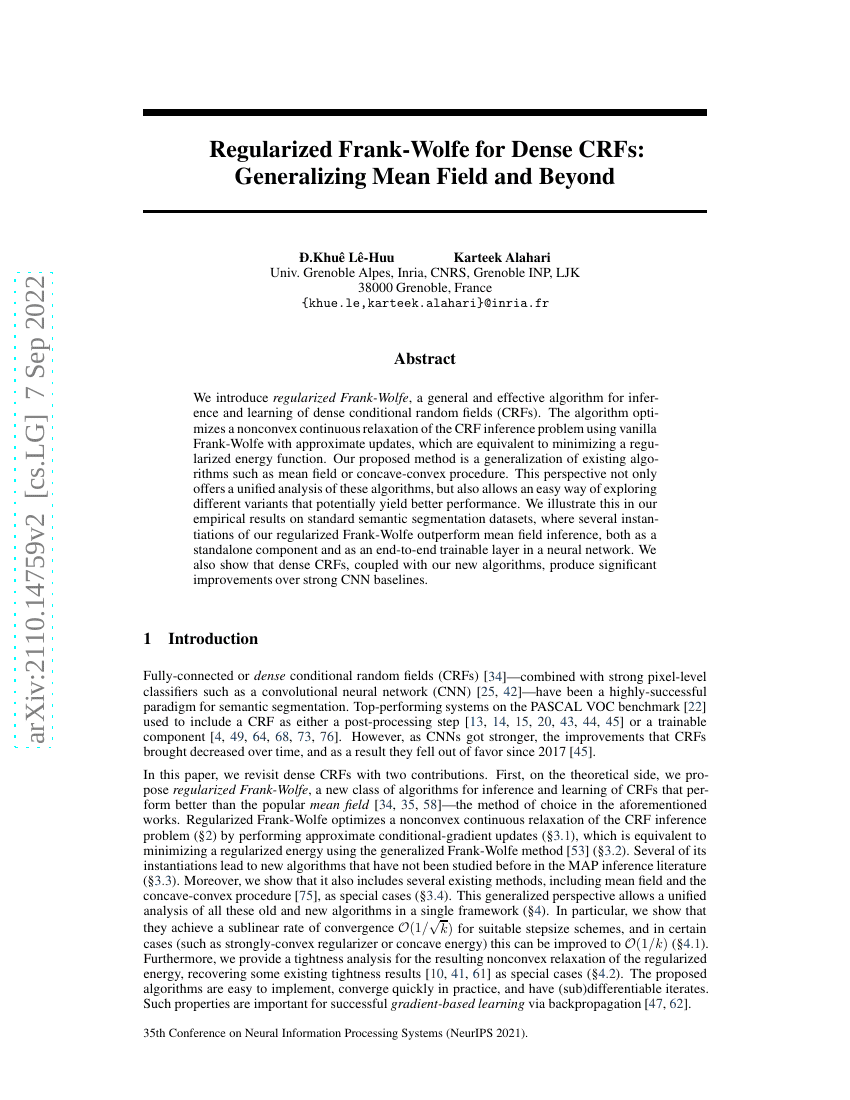 正则化Frank-Wolfe用于密集CRF:推广均场方法及其他