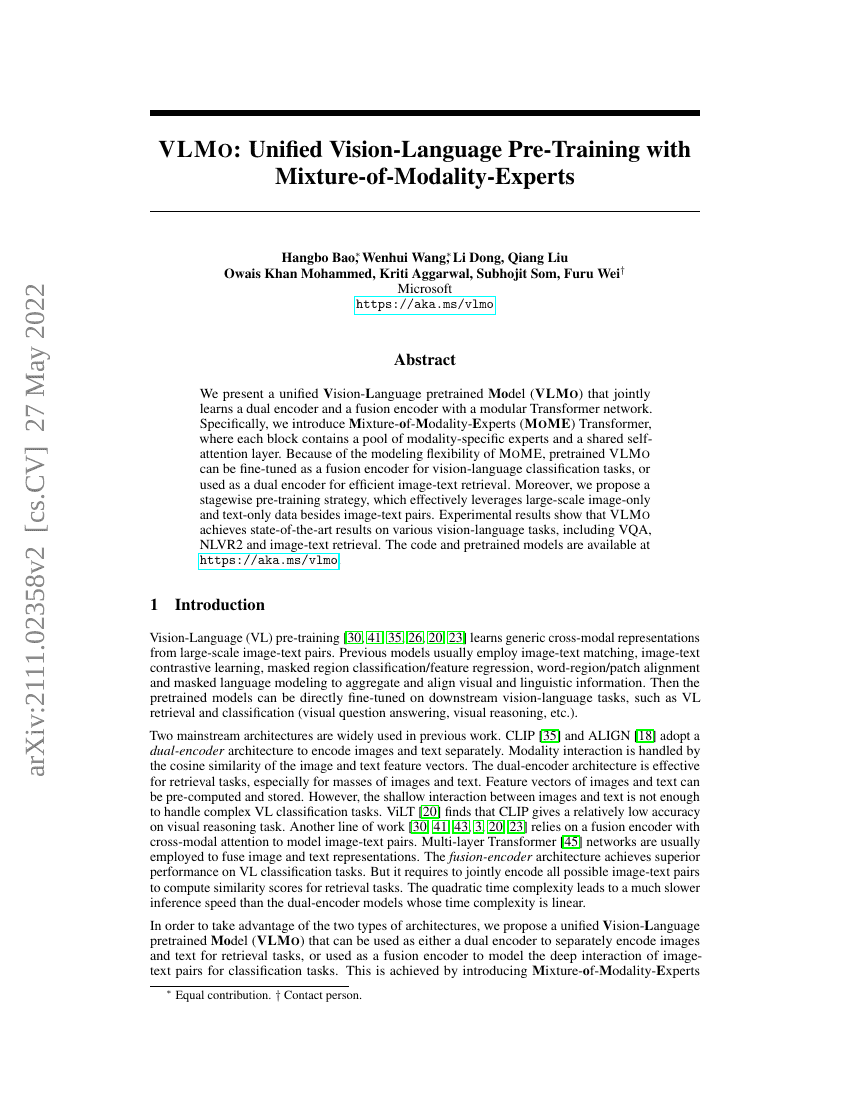 VLMo：基于模态专家混合的统一视觉-语言预训练