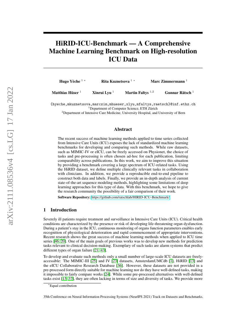 HiRID-ICU-Benchmark -- 高分辨率ICU数据的综合机器学习基准测试