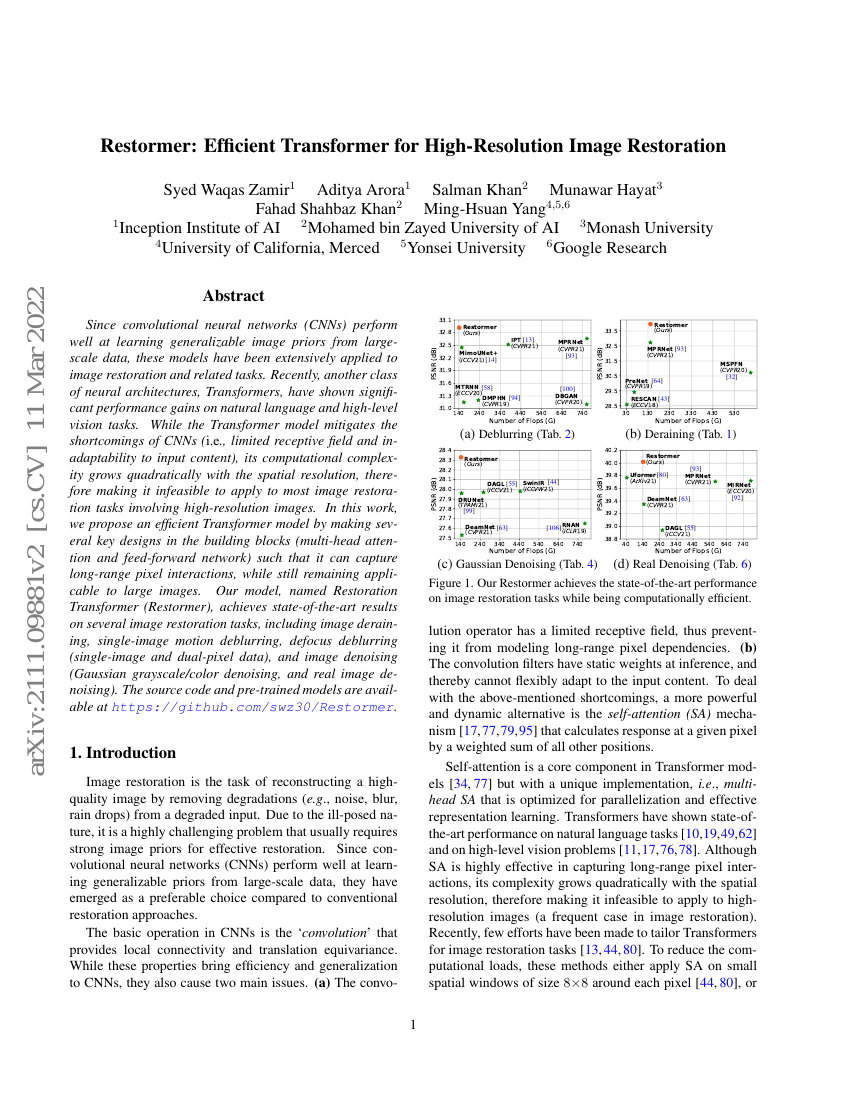 Restormer：高效的变压器模型用于高分辨率图像修复