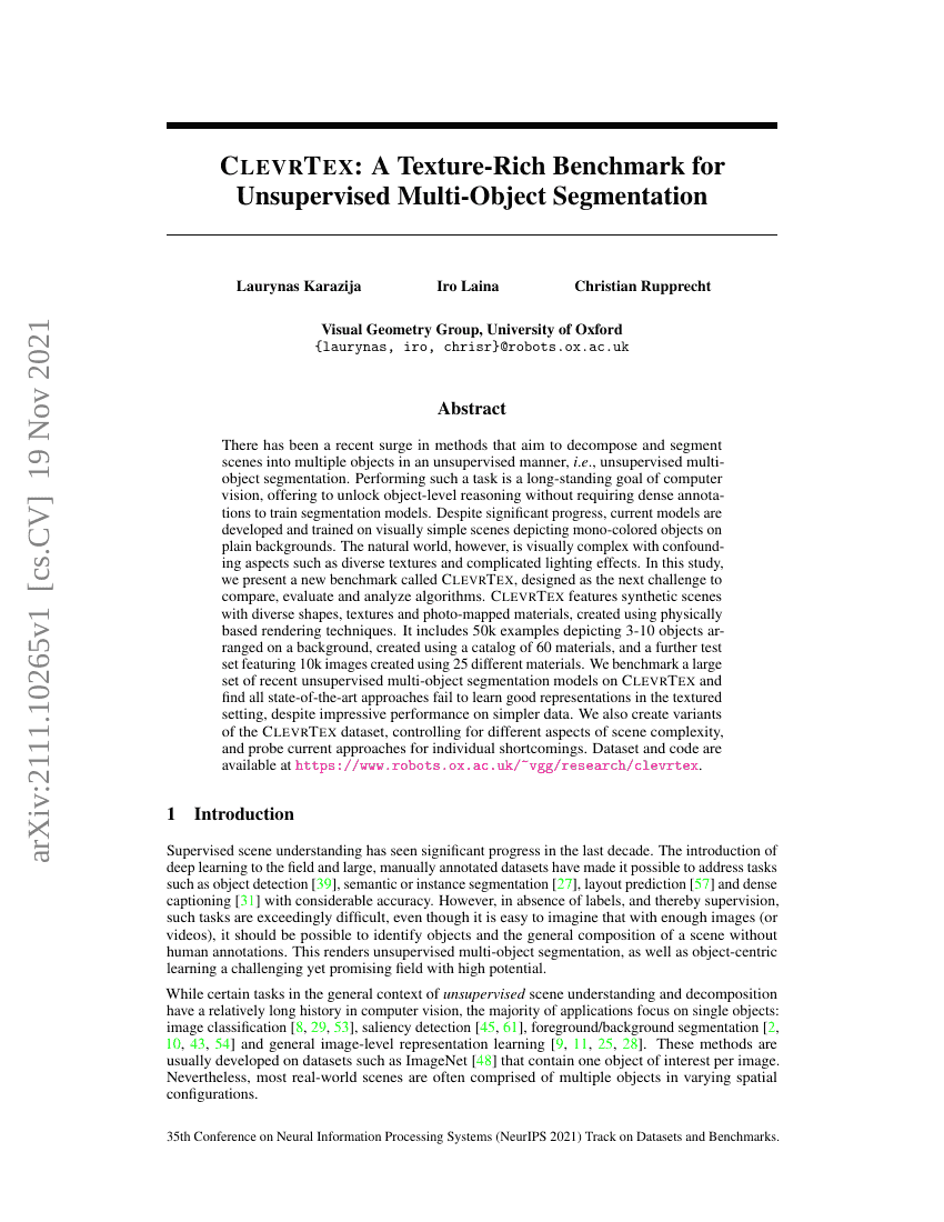 ClevrTex:一个富含纹理的无监督多对象分割基准数据集