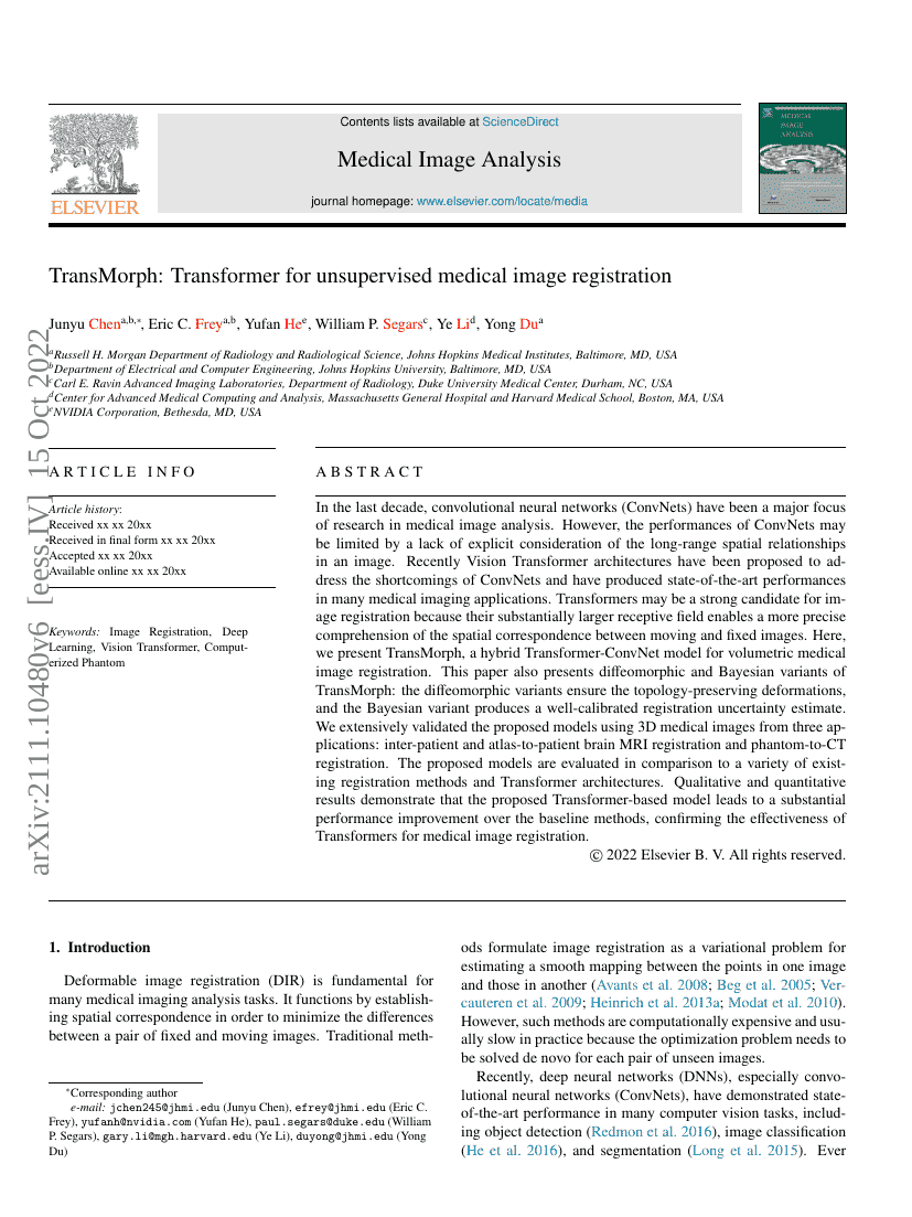 TransMorph:用于无监督医学图像配准的Transformer