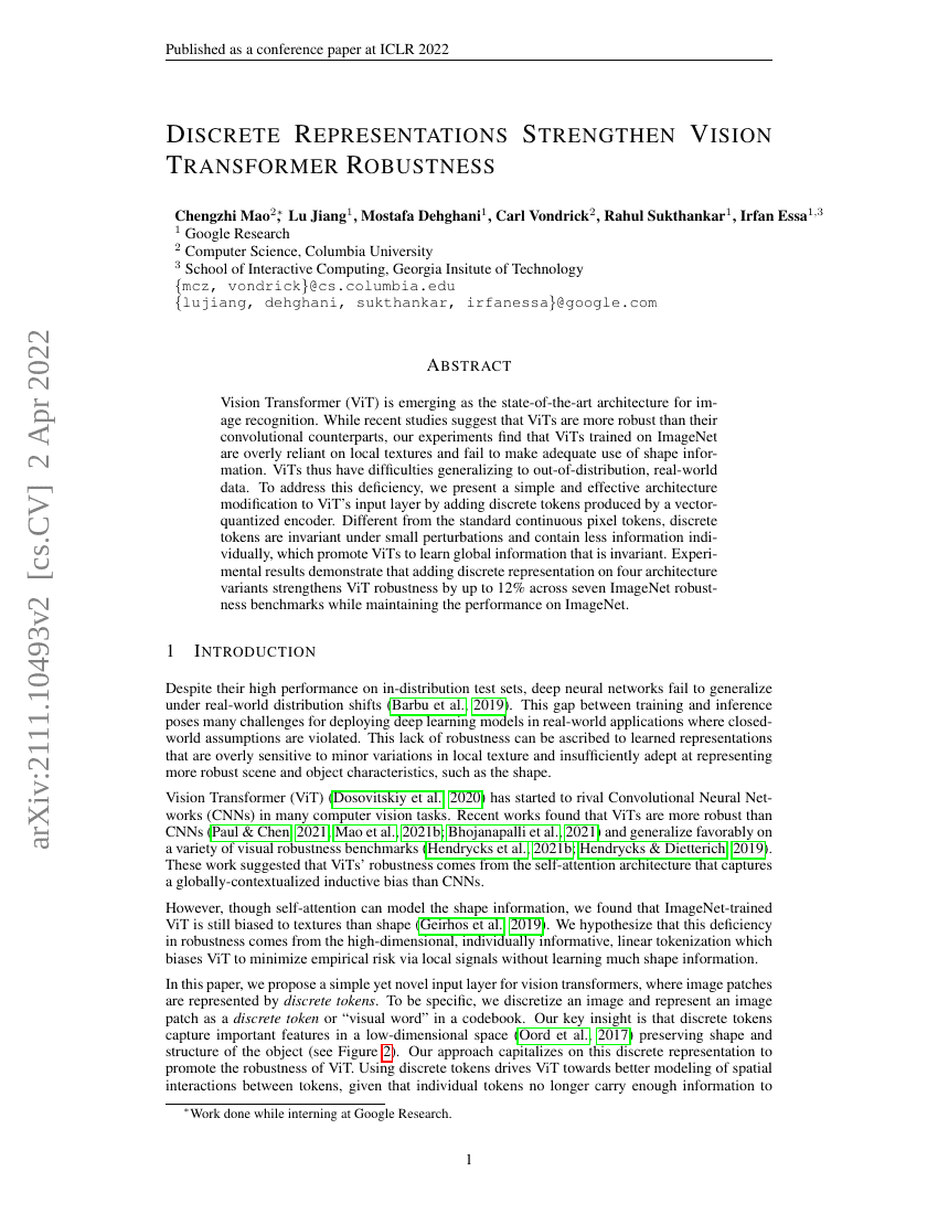 离散表示增强视觉Transformer的鲁棒性
