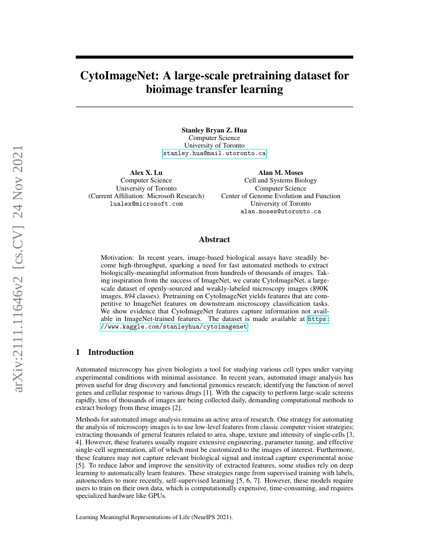 CytoImageNet:用于生物图像迁移学习的大规模预训练数据集