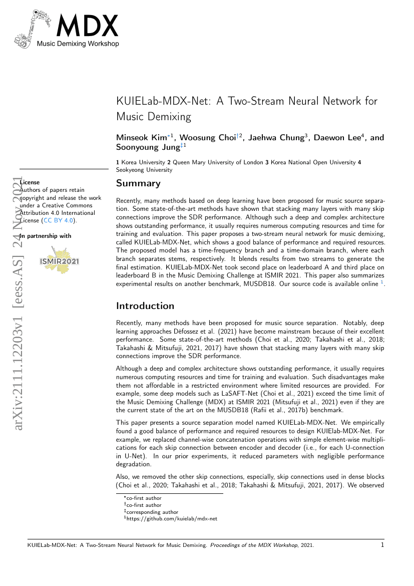 KUIELab-MDX-Net:一种用于音乐分离的双流神经网络