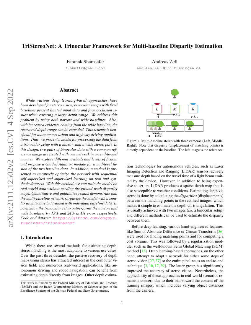 TriStereoNet:一种用于多基线视差估计的三目框架