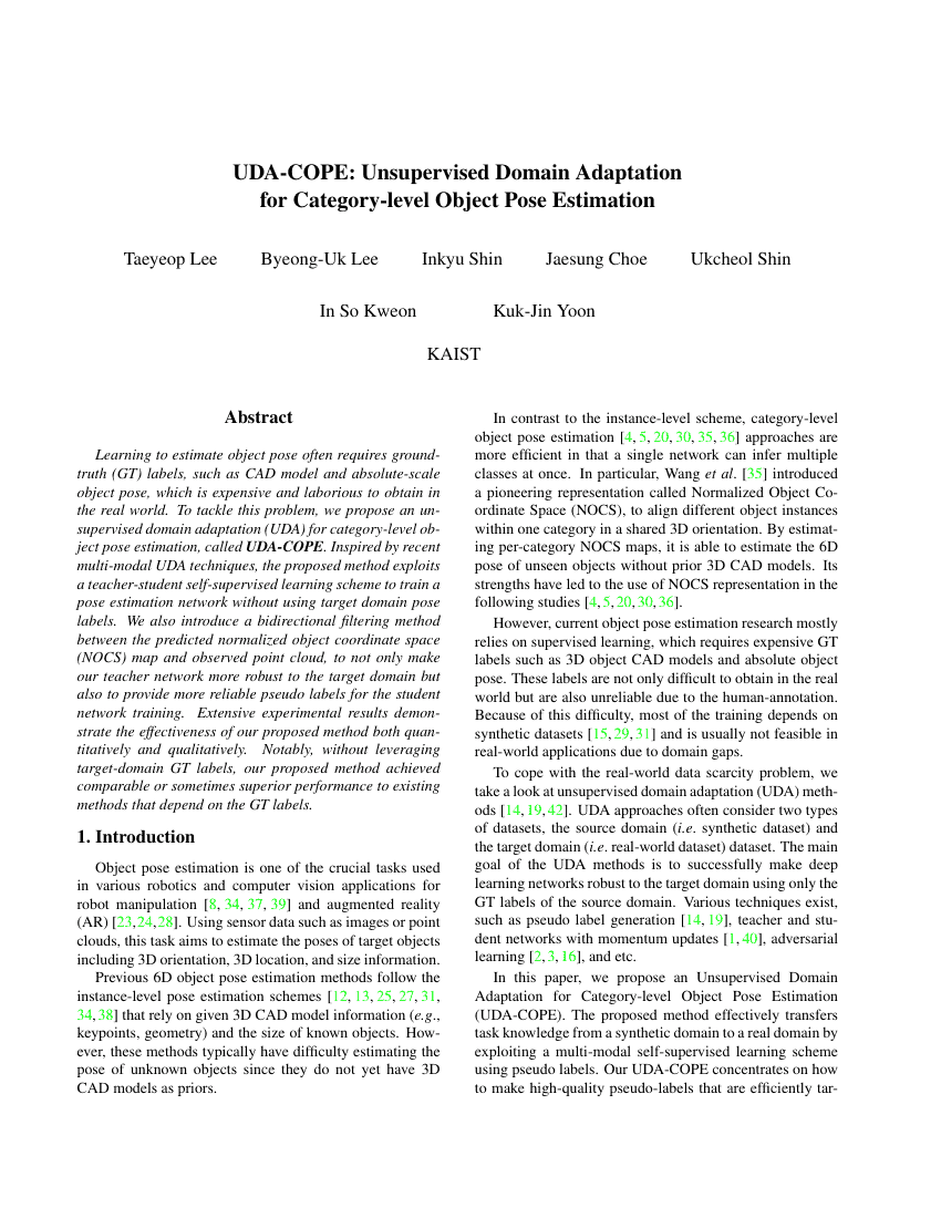 UDA-COPE:无监督领域适应的类别级物体姿态估计