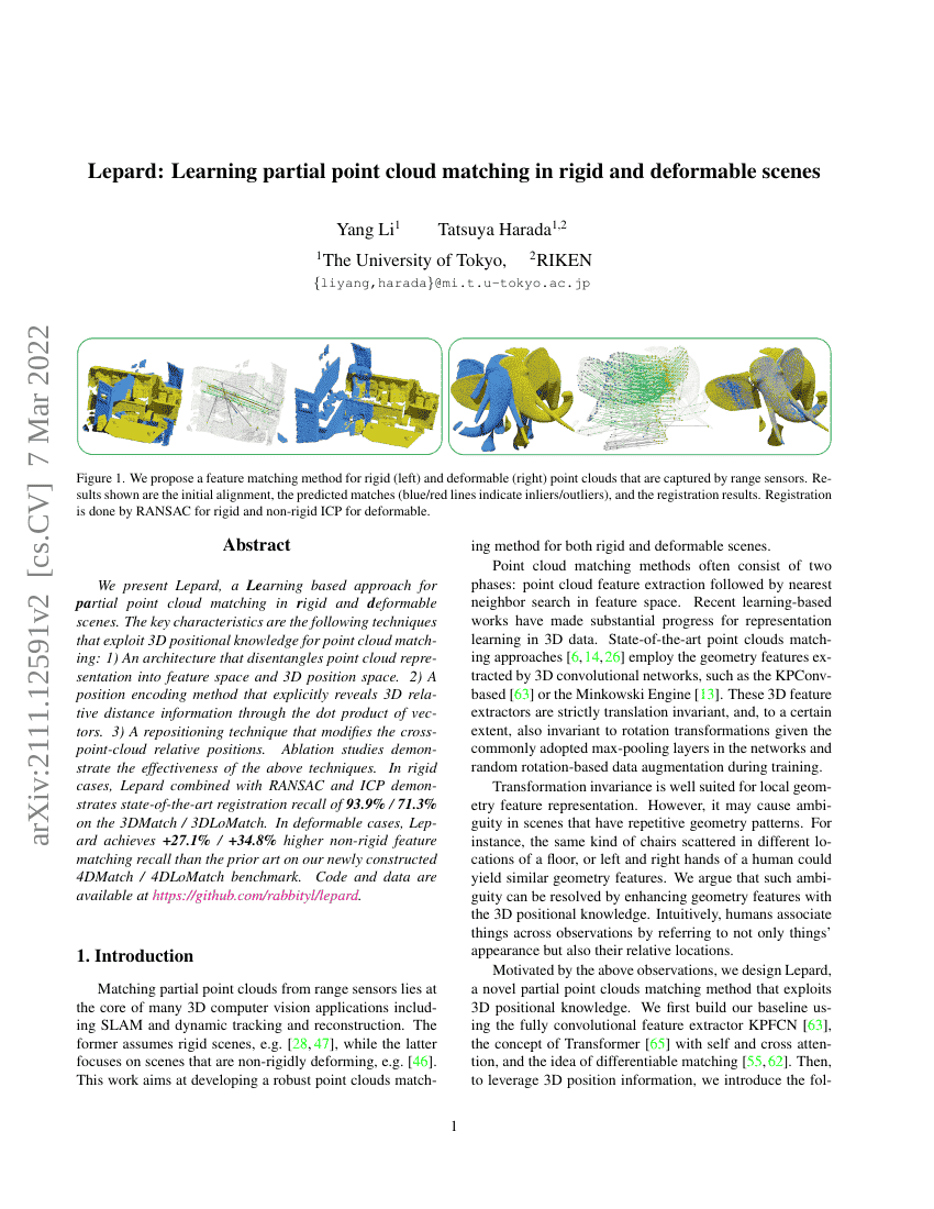 Lepard:在刚性和可变形场景中学习部分点云匹配