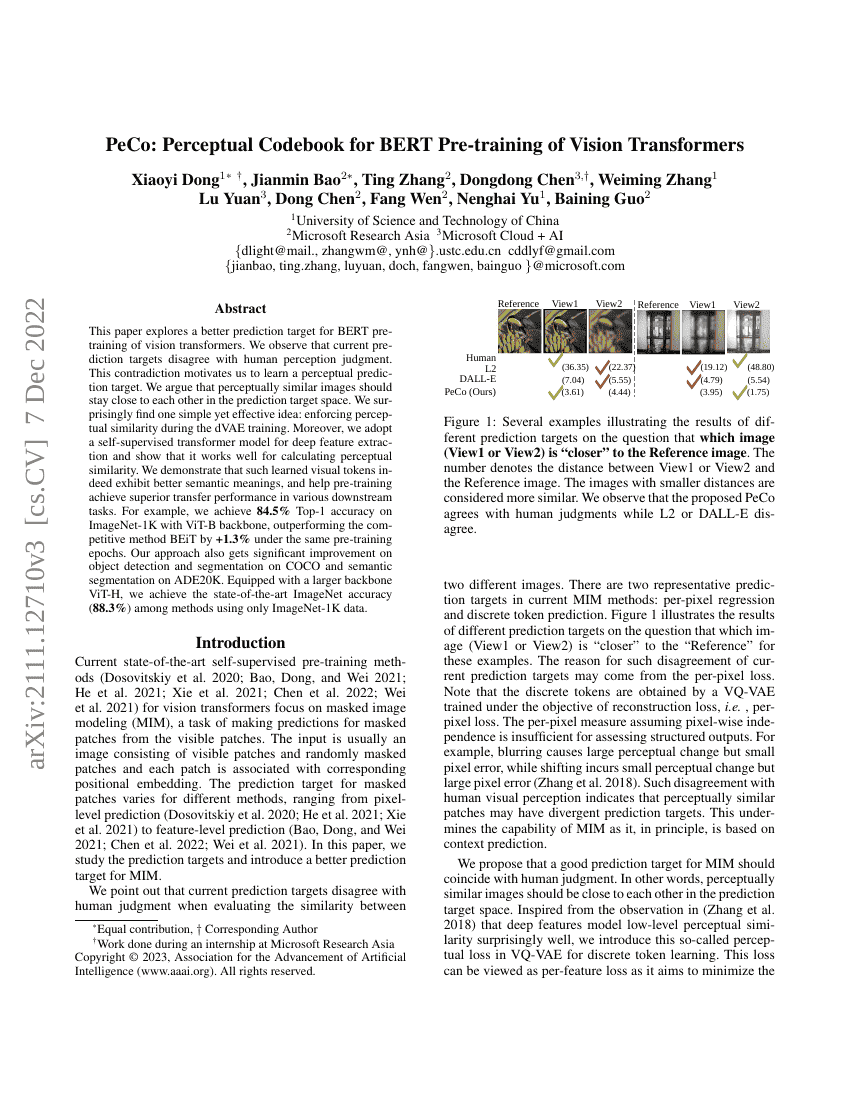 PeCo:用于视觉Transformer的BERT预训练的感知码本