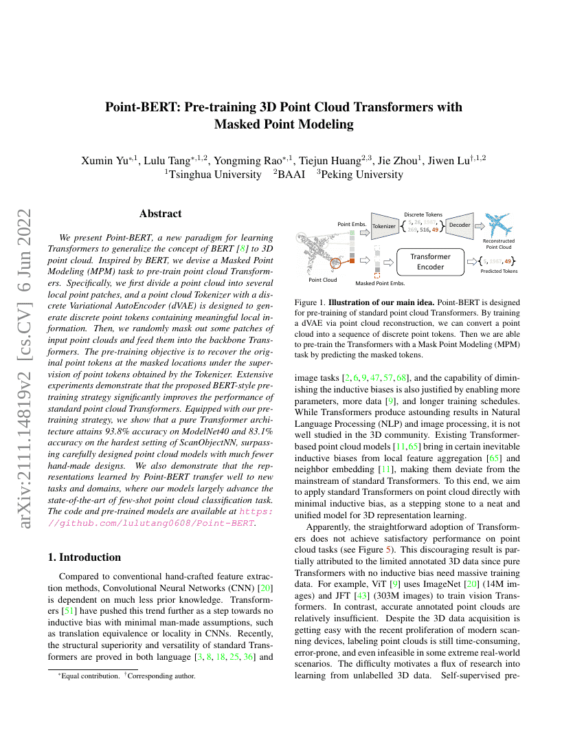 Point-BERT:通过掩码点建模预训练3D点云Transformer