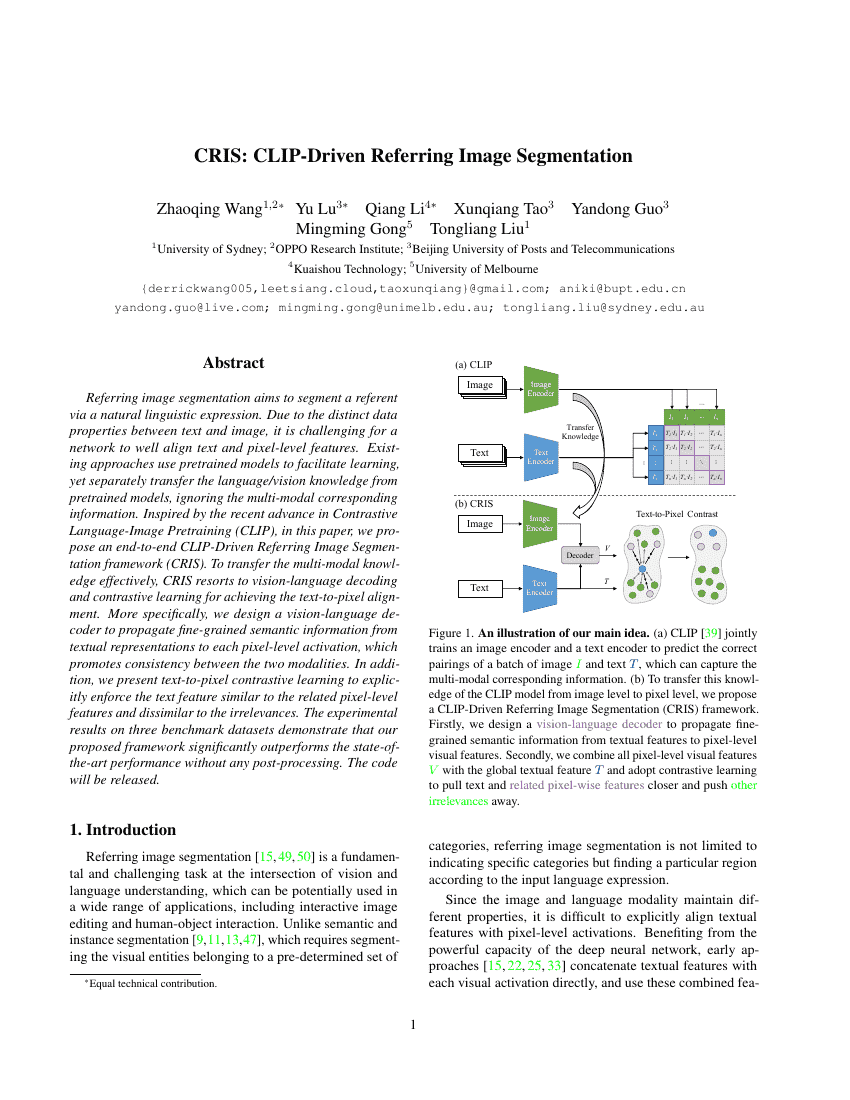 CRIS:CLIP驱动的指代图像分割