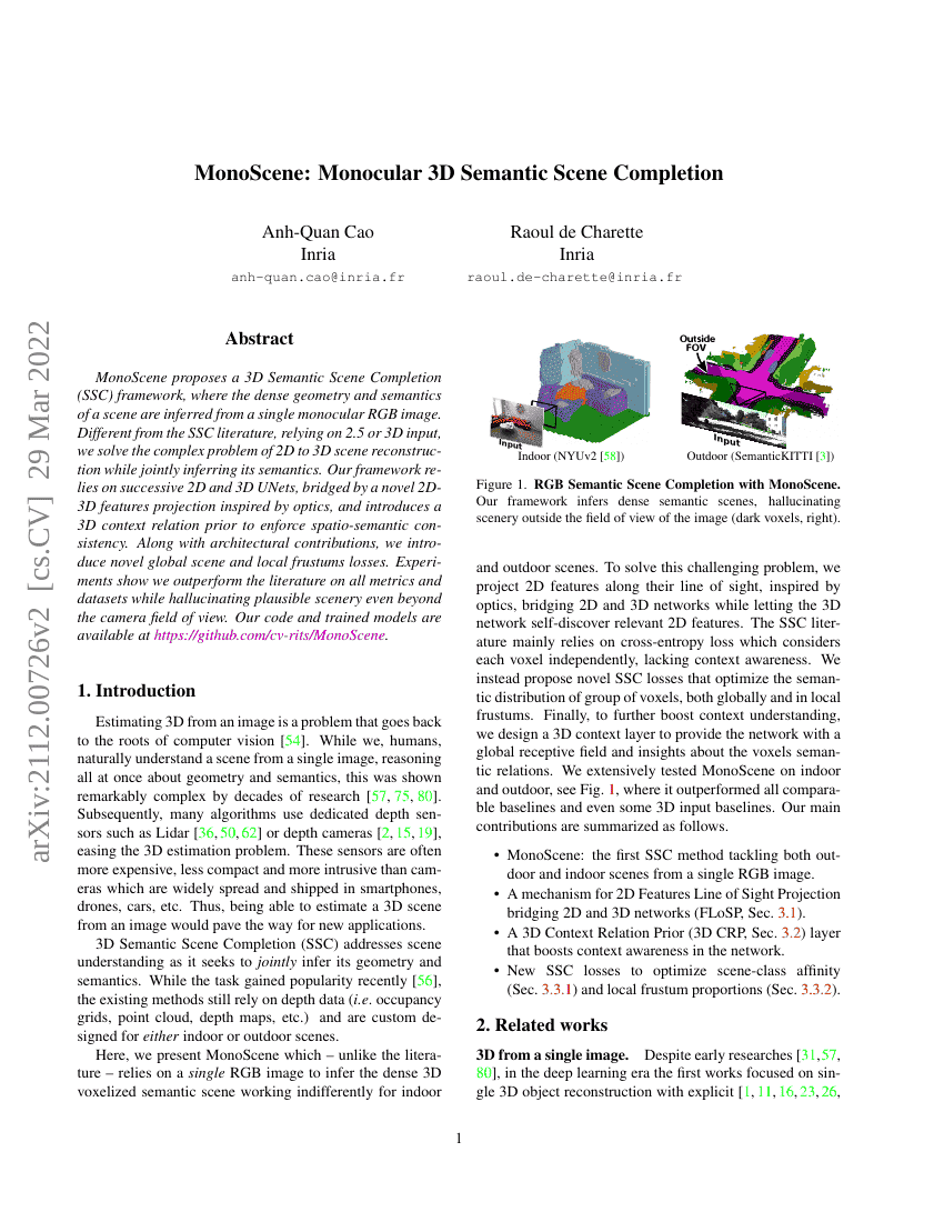 MonoScene:单目3D语义场景补全