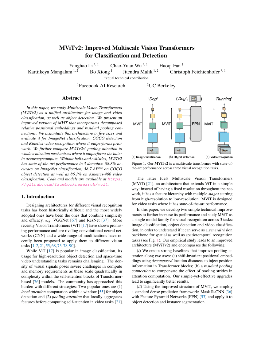 MViTv2:面向分类与检测任务的改进型多尺度视觉Transformer