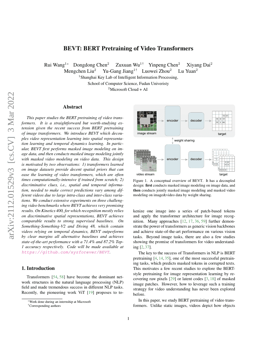 BEVT:视频Transformer的BERT预训练