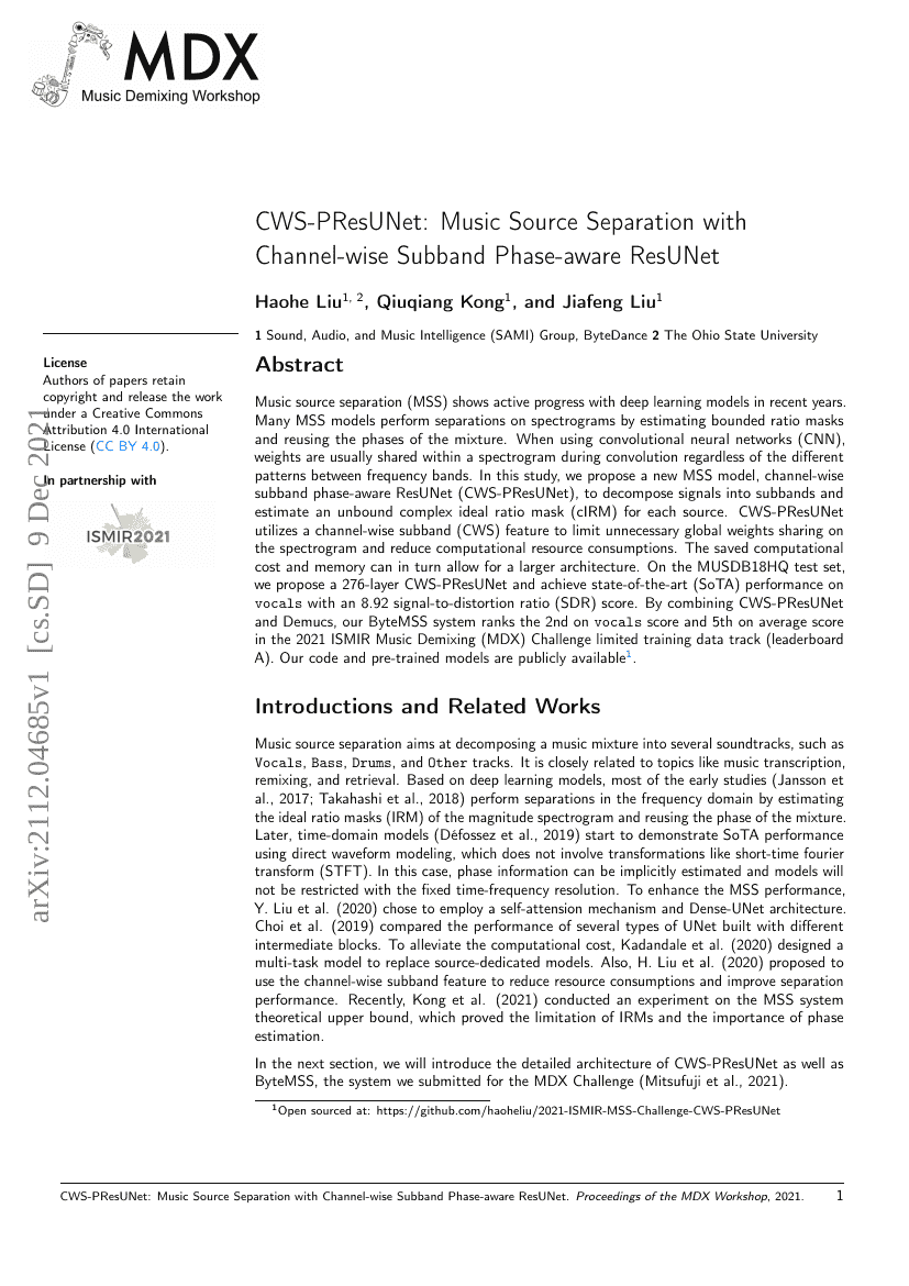CWS-PResUNet:基于通道级子带相位感知ResUNet的音乐源分离