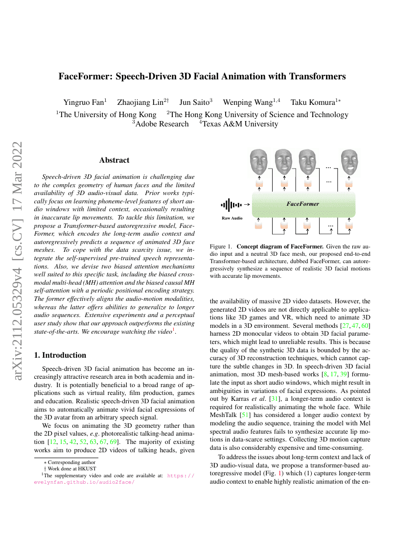 FaceFormer:基于语音驱动的3D面部动画生成模型