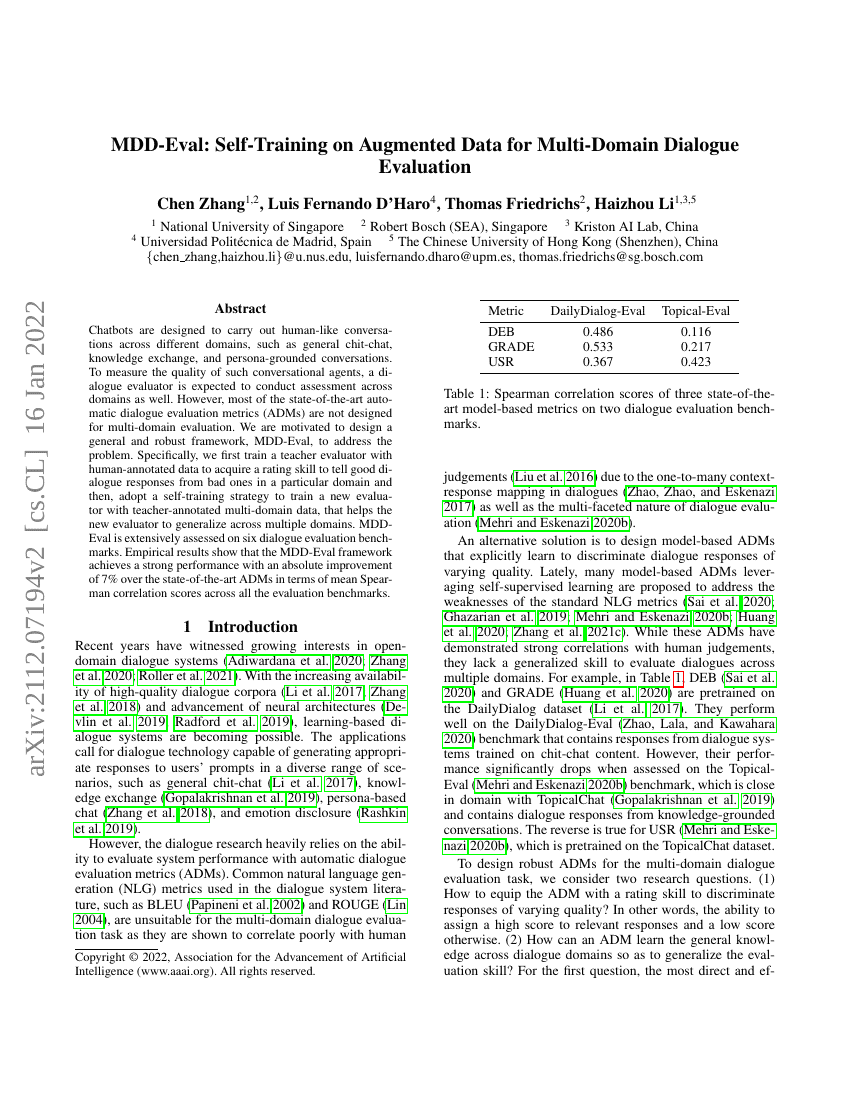 MDD-Eval:基于增强数据的自训练多领域对话评估